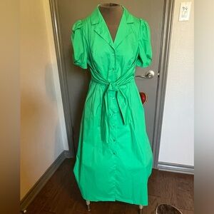 DKNY size 10 green midi shirtwaist button up puff sleeve attached tie like new!